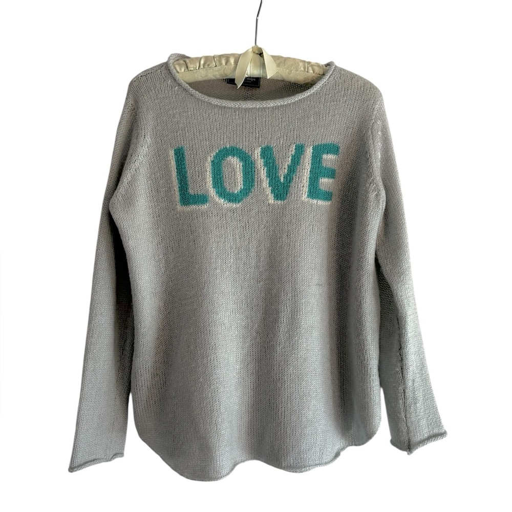 Wooden Ships Gray Sweater with Teal LOVE Design